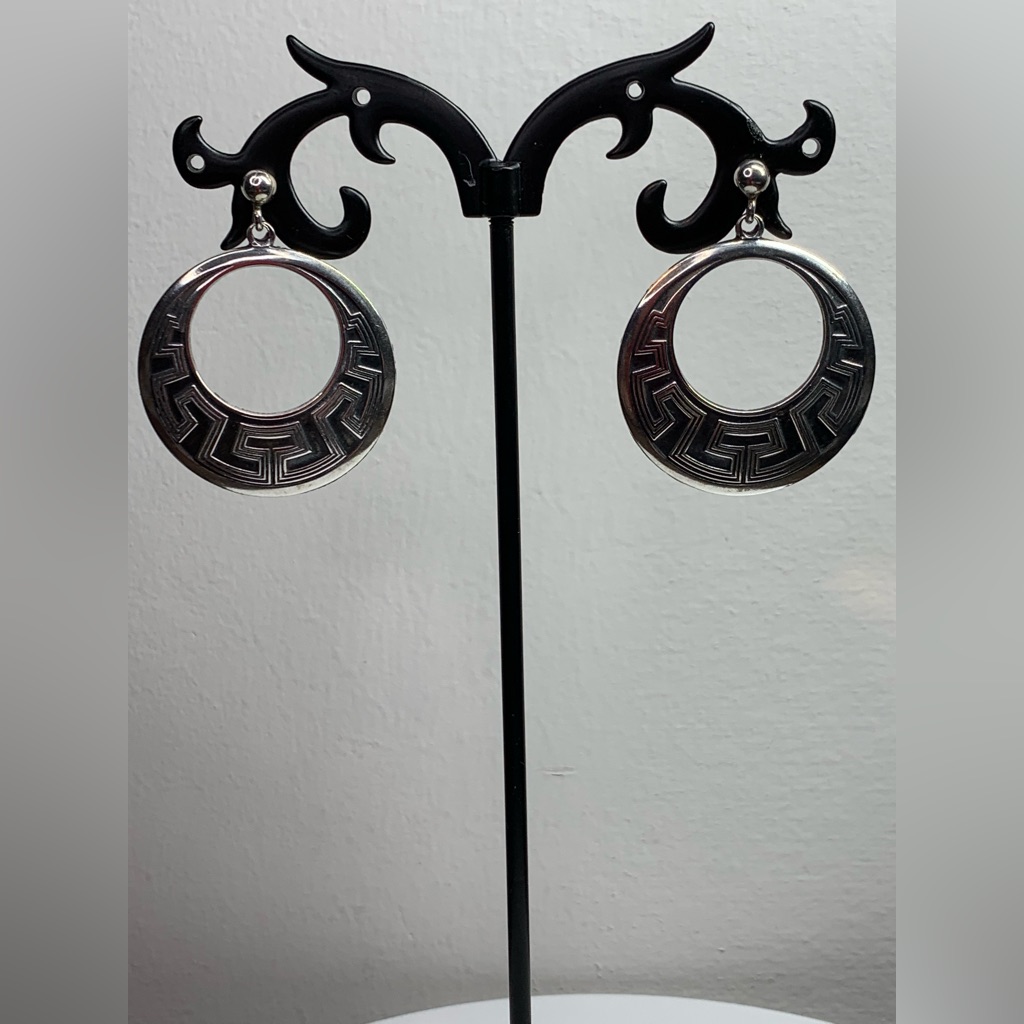 Vintage Wheeler Sterling Silver Greek Key Post Dangle Hoop Earrings
